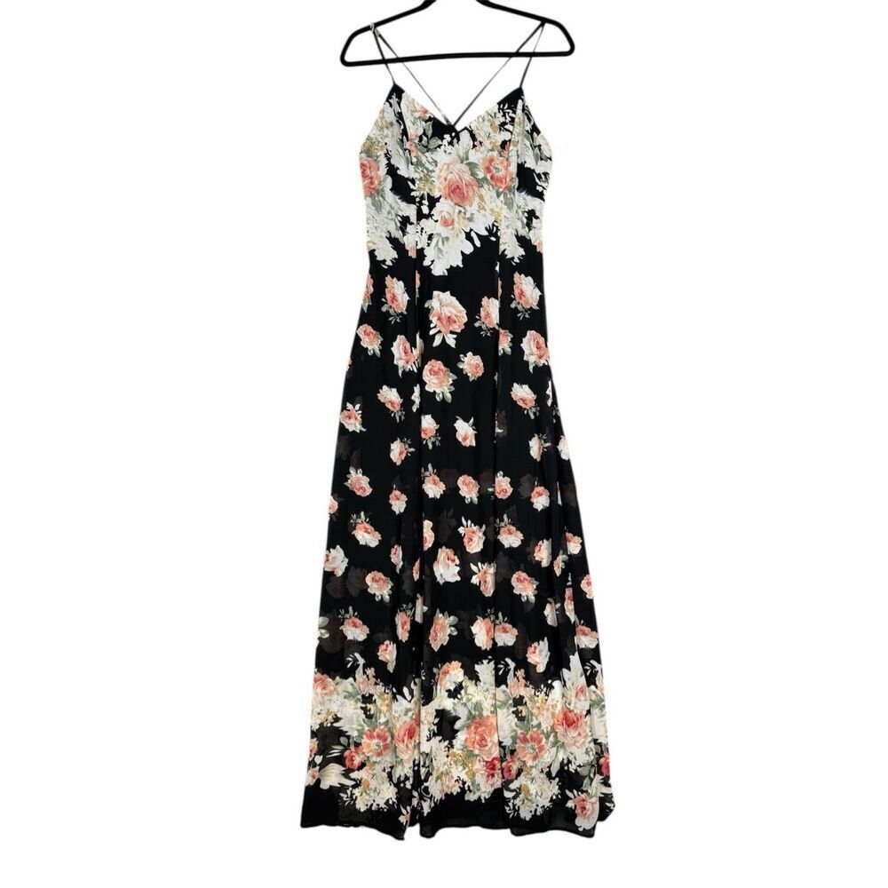 Lulu’s Women’s Size Medium Black Pink Floral A Line Maxi Sleeveless Dress